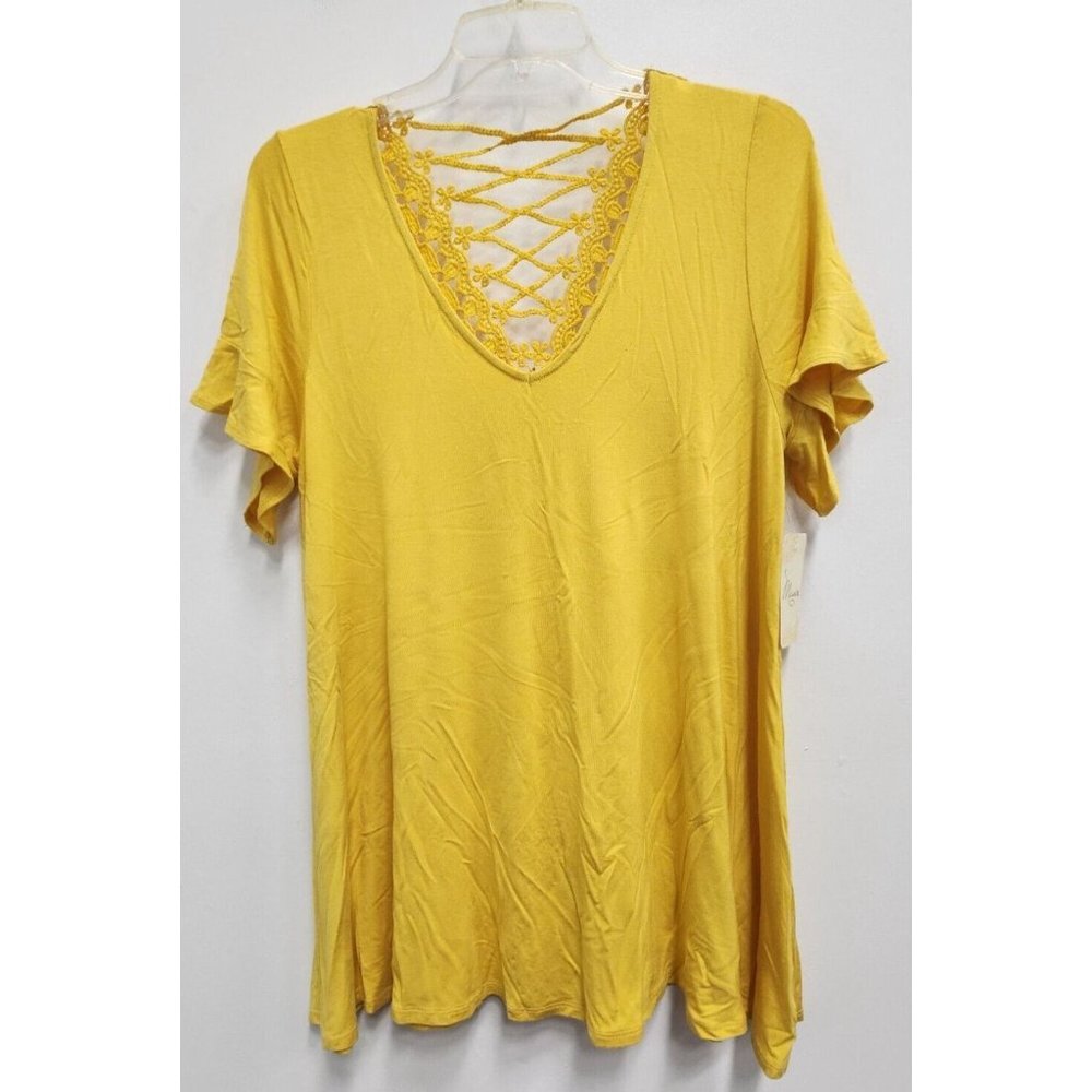 Misia Womens A-Line Tunic Top Large Mustard Yellow‎ Crochet Back Ruffle Sleeve